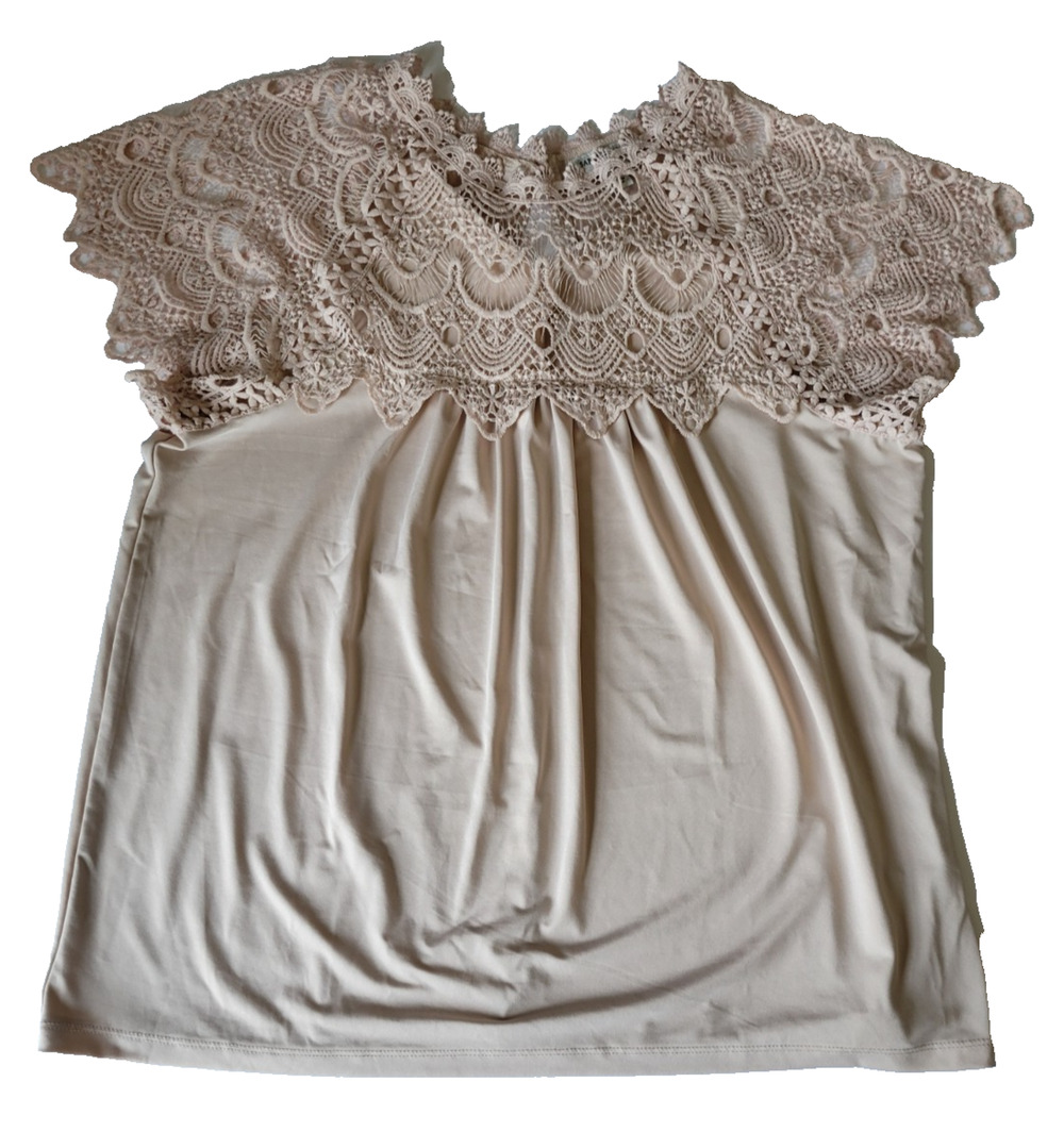 Sabrina Lauren Womens 1X Ivory Crochet Lace Yoke Blouse Cap Sleeve Boho